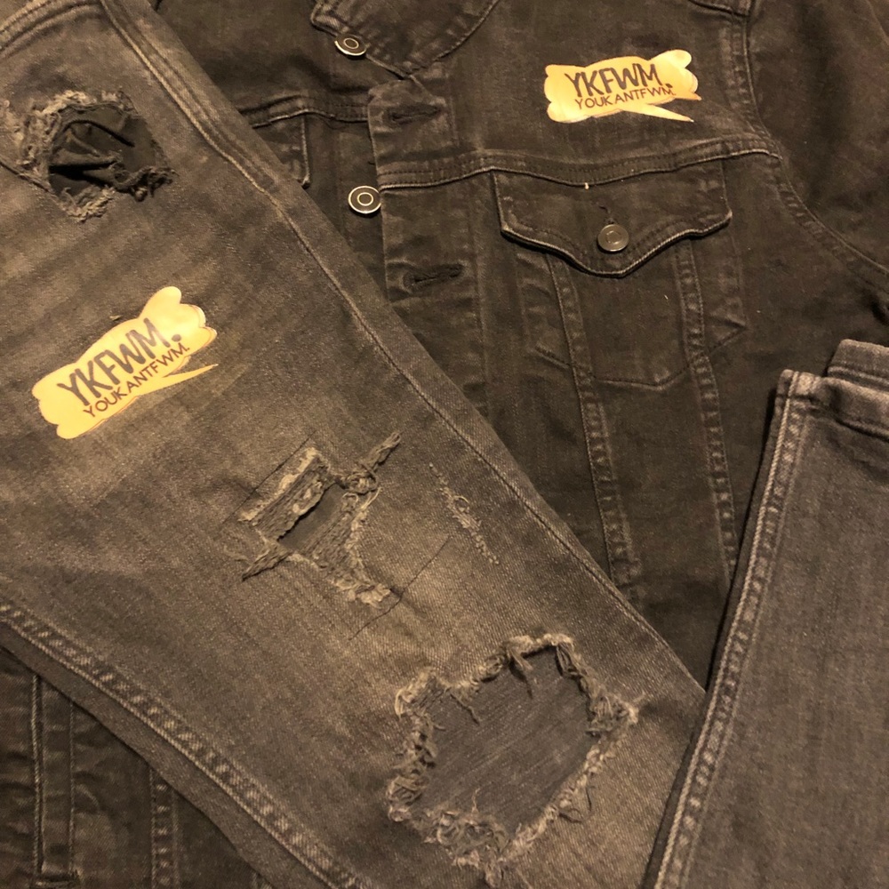 YKFWM. YouKantFWM. Jean set black and gold jacket and pants 175$ for set